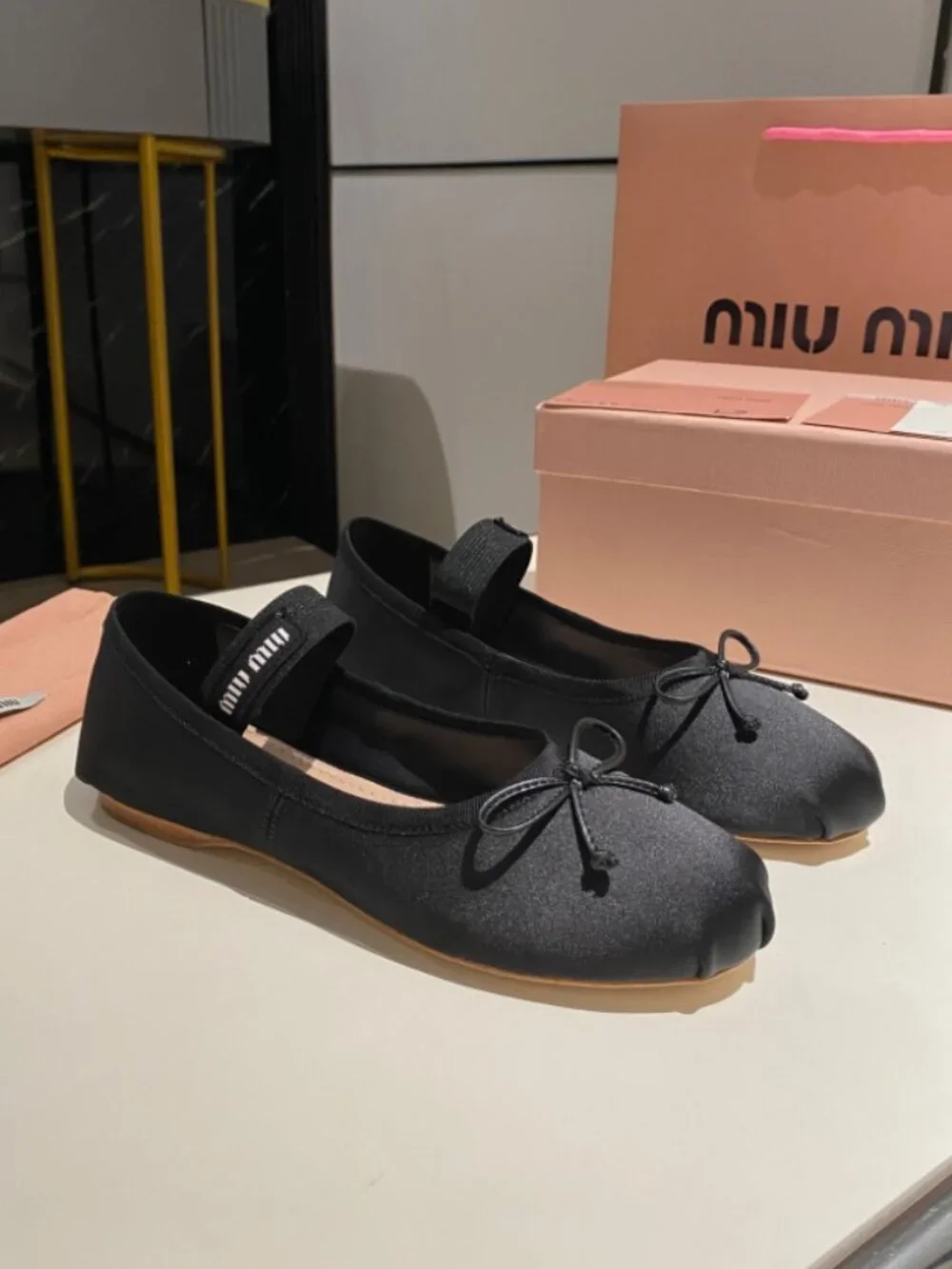 Miu Miu Black Flats Black Elastic Strap and Bow